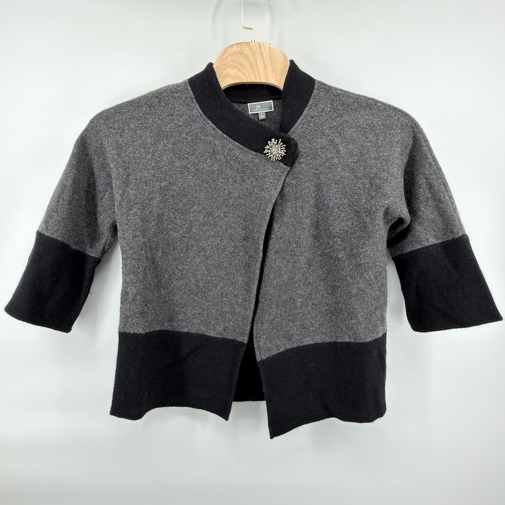 JM Collection Cardigan Wrap Womens S Gray Black Wool Colorblock Brooch